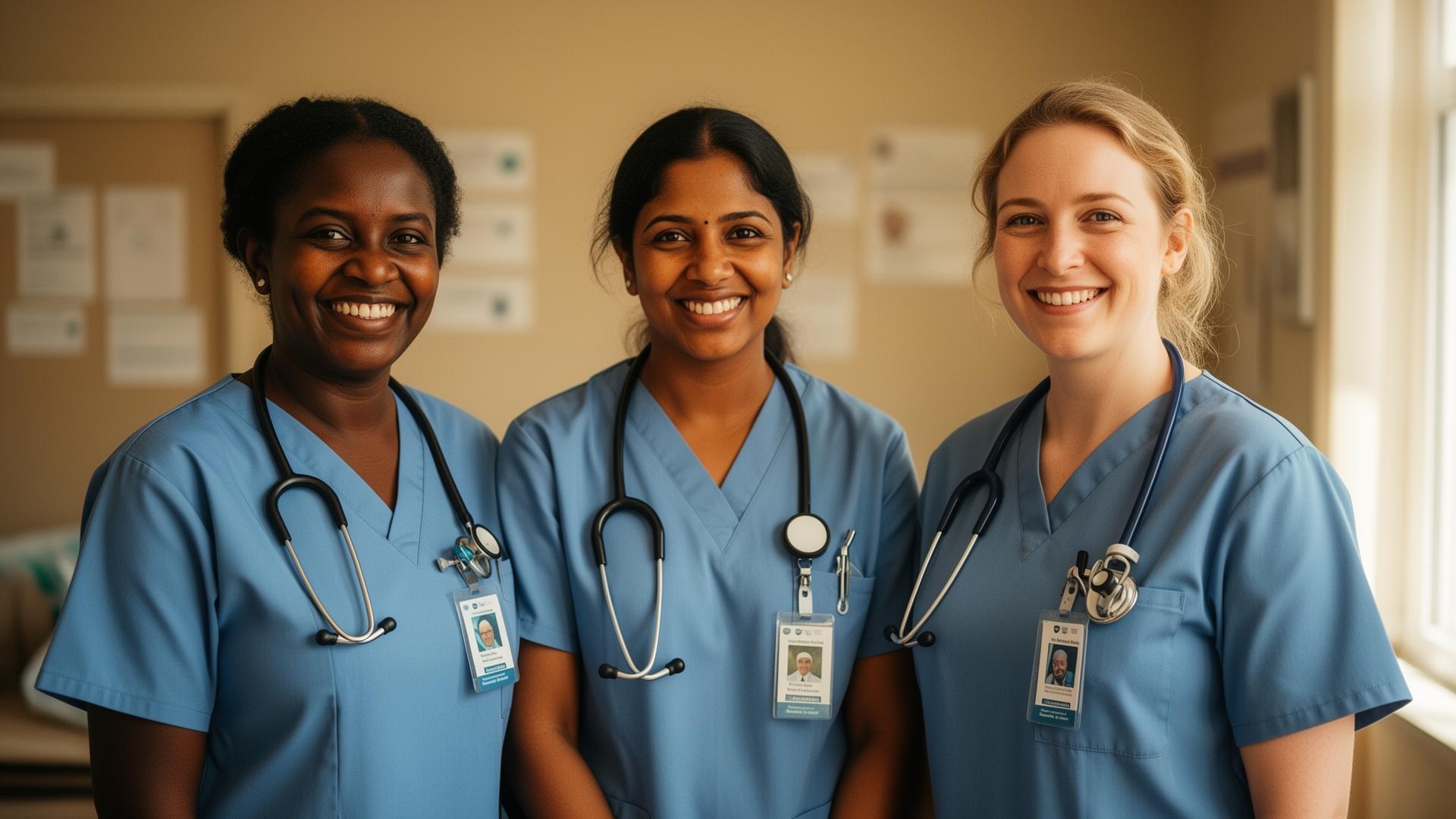 Multiracial team of Khanya Hospice nurses and caregivers in scrubs